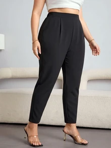 SHEIN Essnce 大尺碼女款純色休閒百搭日常旅行長褲 - 黑色 - 查看 5