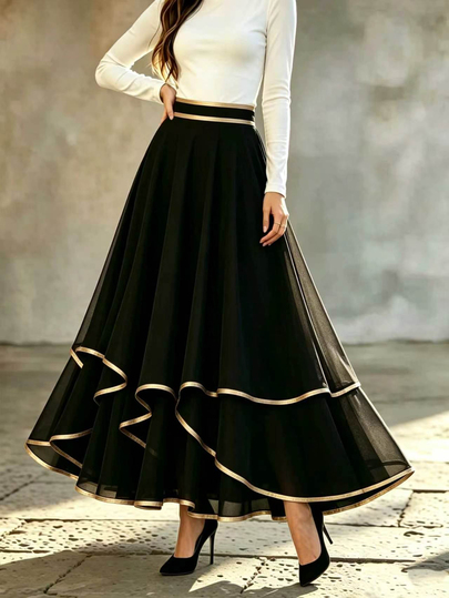 Penseblé Women's High Waist Chiffon Midi Skirt, Fashionable Versatile Fairy Black Desert Style Double Layer Chiffon Full Skirt, A-Line Solid Color High Waist Long Skirt, Women's Autumn French Asymmetrical Hem Ruffle High Waist Trumpet Long Skirt, Suitable For Evening Party, Cocktail Party, Wedding Guest, Valentine's Day, New Year, Date, Commute, Daily, Gathering