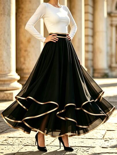 Penseblé Rok Midi Chiffon Pinggang Tinggi Wanita, Rok Chiffon Dua Lapis Gaya Gurun Hitam yang Modis dan Serbaguna, Rok Panjang Pinggang Tinggi Warna Polos Model A-Line, Rok Panjang Terompet Pinggang Tinggi Berkerut dengan Hem Asimetris Gaya Prancis Musim Gugur untuk Wanita, Cocok untuk Pesta Malam, Pesta Koktail, Tamu Pernikahan, Hari Valentine, Tahun Baru, Kencan, Perjalanan, Sehari-hari, dan Acara Kumpul-kumpul.