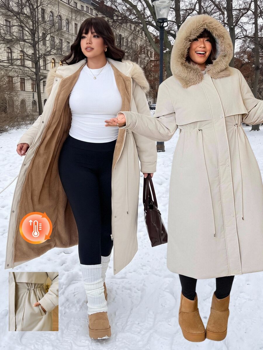 GalTyme Women's Plus Size Winter Fur Collar Thermal Lined Thick Cotton Padded Coat - Khaki - View 1