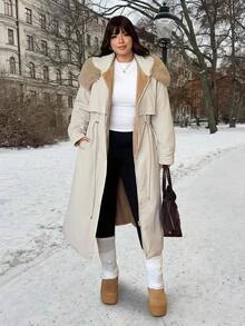 GalTyme Women's Plus Size Winter Fur Collar Thermal Lined Thick Cotton Padded Coat - Khaki - View 4
