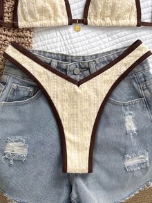Elavelle Women's Summer/Fall Jacquard Lace Fabric Halter Elegant Brown Bikini Set Beach Party Beige Sexy Tropical Going Out - Apricot - View 5