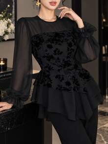 Modelyn Flocked Bandeau 2 In 1 Round Neck Lantern Sleeve Chiffon Blouse With Asymmetrical Ruffle Hem Dinner Going Out Black Floral Autumn Romantic Elegant - Black - View 5
