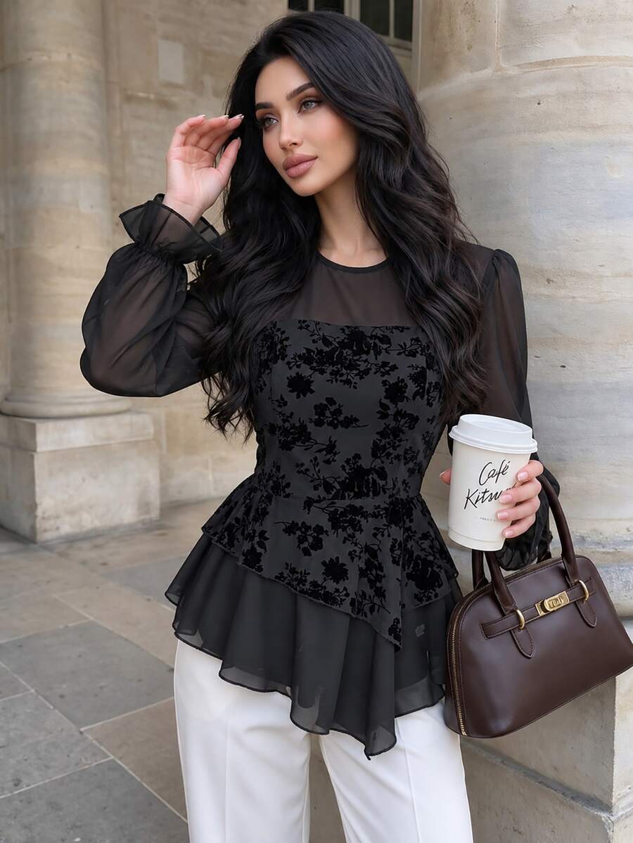 Modelyn Flocked Bandeau 2 In 1 Round Neck Lantern Sleeve Chiffon Blouse With Asymmetrical Ruffle Hem Dinner Going Out Black Floral Autumn Romantic Elegant