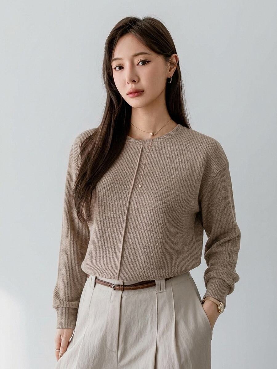 Dazy-Less 女款純色拼接短袖T恤 夏季辦公日常穿搭 摩卡棕 極簡法式優雅連帽衫 - 卡其色 - 查看 1