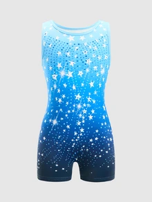 Young Girl Star Pattern Gradient One-Piece Leotard, Blue With Shiny Print, High Elasticity Slim Fit Design, Sports, Summer Athletic - Blue - View 6