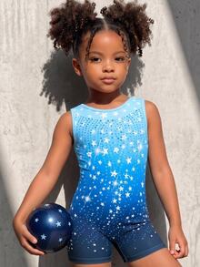 Young Girl Star Pattern Gradient One-Piece Leotard, Blue With Shiny Print, High Elasticity Slim Fit Design, Sports, Summer Athletic - Blue - View 5