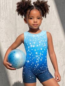 Young Girl Star Pattern Gradient One-Piece Leotard, Blue With Shiny Print, High Elasticity Slim Fit Design, Sports, Summer Athletic - Blue - View 4