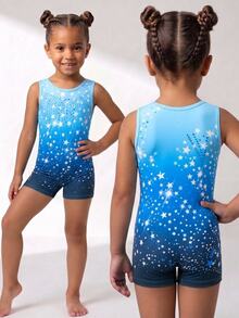 Young Girl Star Pattern Gradient One-Piece Leotard, Blue With Shiny Print, High Elasticity Slim Fit Design, Sports, Summer Athletic - Blue - View 2