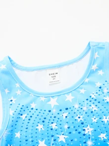 Young Girl Star Pattern Gradient One-Piece Leotard, Blue With Shiny Print, High Elasticity Slim Fit Design, Sports, Summer Athletic - Blue - View 8