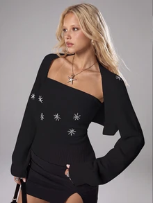 SHEIN TRNDY 2 piezas Conjunto de top corto y cárdigan de mujer con lentejuelas en forma de copo de nieve, color blanco, personalizado, versátil, para otoño/invierno - Negro - Ver 1