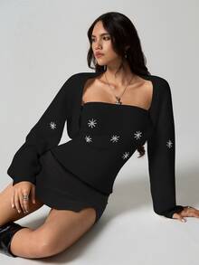SHEIN TRNDY 2 piezas Conjunto de top corto y cárdigan de mujer con lentejuelas en forma de copo de nieve, color blanco, personalizado, versátil, para otoño/invierno - Negro - Ver 8