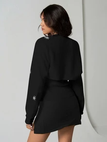 SHEIN TRNDY 2 piezas Conjunto de top corto y cárdigan de mujer con lentejuelas en forma de copo de nieve, color blanco, personalizado, versátil, para otoño/invierno - Negro - Ver 2