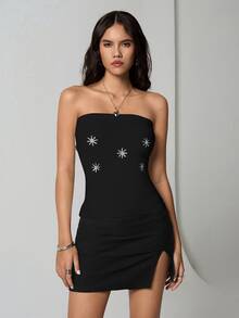 SHEIN TRNDY 2 piezas Conjunto de top corto y cárdigan de mujer con lentejuelas en forma de copo de nieve, color blanco, personalizado, versátil, para otoño/invierno - Negro - Ver 6