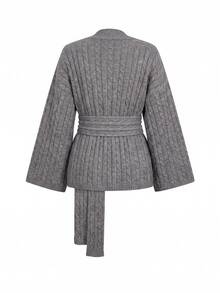 SHEIN Clasi 女款復古經典優雅休閒刺繡麻花針織長袖開襟衫 灰色 秋冬辦公穿搭 - 灰色 - 查看 12
