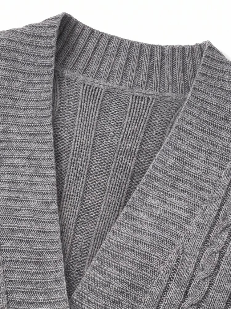 SHEIN Clasi Women's Vintage Classic Elegant Casual Embroidered Cable Knit Long Sleeve Cardigan Office Grey Autumn - Grey - View 5