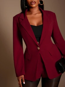 Radiana Plus Size Women's Burgundy Elegant Formal Summer Suit Set,Lapel Blazer With Metal Button&Matching Skinny Shorts For Prom,Music Festival&Concert - Red - View 3