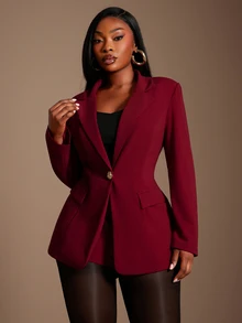 Radiana Plus Size Women's Burgundy Elegant Formal Summer Suit Set,Lapel Blazer With Metal Button&Matching Skinny Shorts For Prom,Music Festival&Concert - Red - View 4