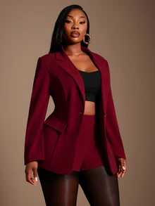 Radiana Plus Size Women's Burgundy Elegant Formal Summer Suit Set,Lapel Blazer With Metal Button&Matching Skinny Shorts For Prom,Music Festival&Concert - Red - View 2