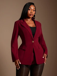 Radiana Plus Size Women's Burgundy Elegant Formal Summer Suit Set,Lapel Blazer With Metal Button&Matching Skinny Shorts For Prom,Music Festival&Concert - Red - View 5