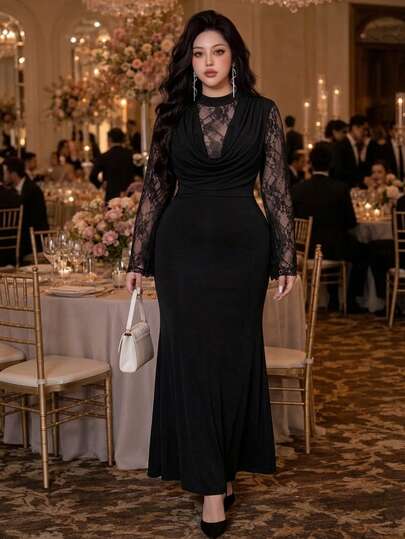Vibekara Plus Size Bodycon Mermaid Tail Contrast Lace Cowl Neck Fitted Sexy Black Dress For Early Autumn