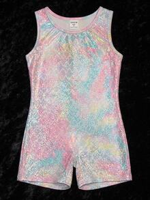 SHEIN 女童圓領無袖修身連身體操服，高彈性亮面紋理面料，貼身設計防止走光，適合運動、體操與舞蹈比賽及日常訓練，四季皆宜 - 粉色 - 查看 3