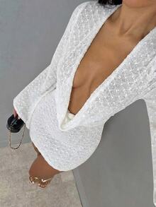 SHEIN Swim Swim Chiccia 不对称下摆长袖沙滩罩衫（女士款） - 白色 - 查看 6