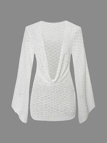 SHEIN Swim Swim Chiccia 不对称下摆长袖沙滩罩衫（女士款） - 白色 - 查看 2