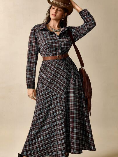 Nubod Vestido Camisa Longo Xadrez Azul Café para Mulher, Outono/Inverno, Casual, Vintage Anos 20, para Feriados, Férias e Ação de Graças