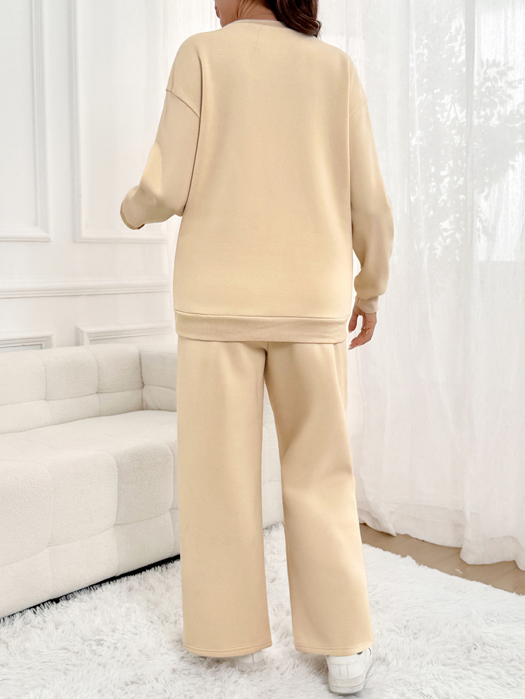 Lyckli Maternity Solid Color Long Sleeve Top And Adjustable Waist Long Pants Casual Loose Fit Daily 2 Pieces Set Winter Photoshoot Formal Cream - Apricot - View 8