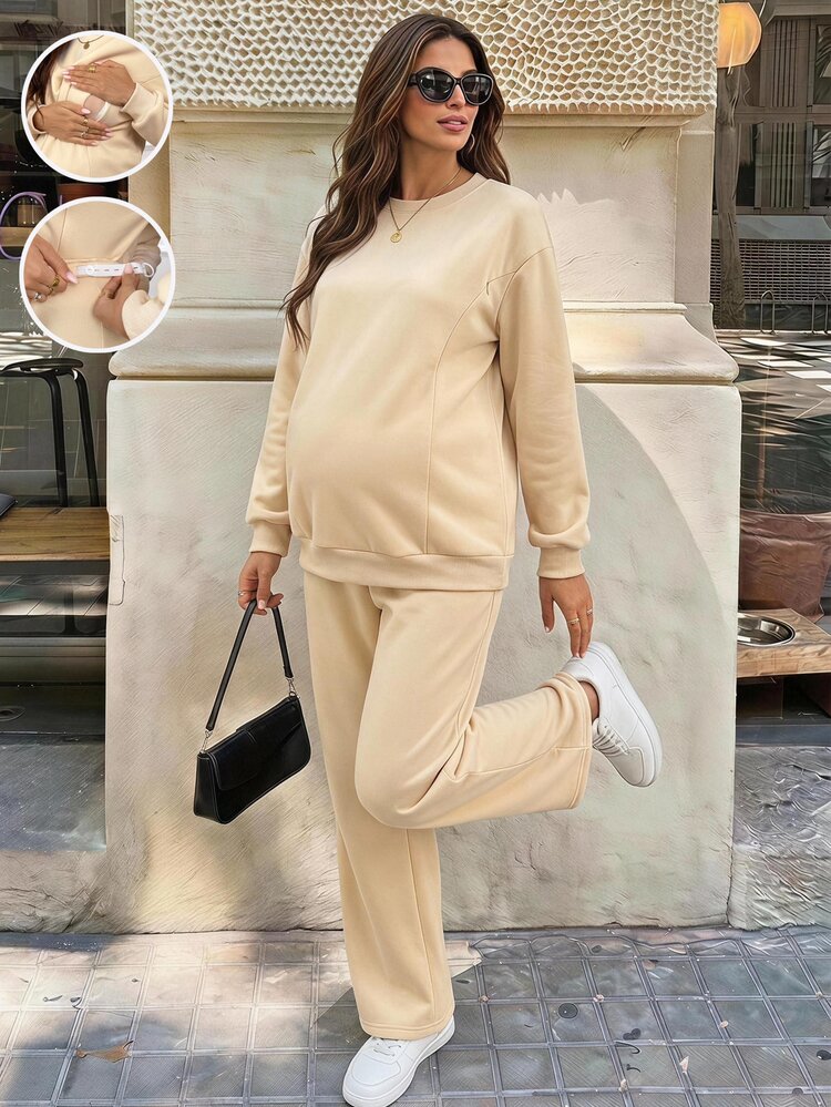 Lyckli Maternity Solid Color Long Sleeve Top And Adjustable Waist Long Pants Casual Loose Fit Daily 2 Pieces Set Winter Photoshoot Formal Cream - Apricot - View 1