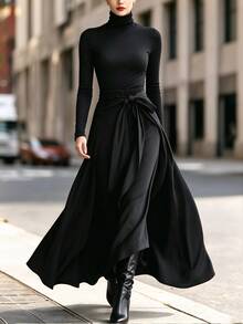 Holdful Holdful Women's Solid Color High Neck Long Sleeve T-Shirt And Waist Knot Skirt Casual Elegant 2 Pieces Set Halloween Office Black Autumn - Black - View 3