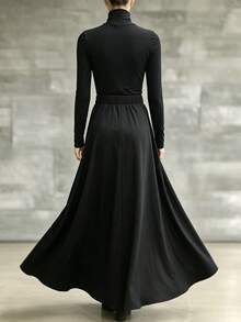 Holdful Holdful Women's Solid Color High Neck Long Sleeve T-Shirt And Waist Knot Skirt Casual Elegant 2 Pieces Set Halloween Office Black Autumn - Black - View 2