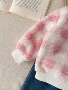 SHEIN Vintaside Kids 女嬰女童冬季羅紋圓領長袖抓絨時尚衛衣搭配百搭休閒水洗牛仔長褲套裝，適合外出、旅行、寒冷天氣購物與休閒穿著 - 淺粉色 - 查看 5