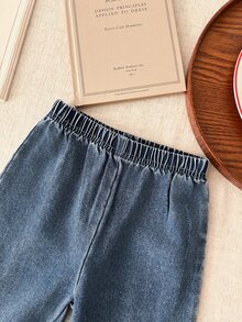 SHEIN Vintaside Kids 女嬰女童冬季羅紋圓領長袖抓絨時尚衛衣搭配百搭休閒水洗牛仔長褲套裝，適合外出、旅行、寒冷天氣購物與休閒穿著 - 淺粉色 - 查看 7