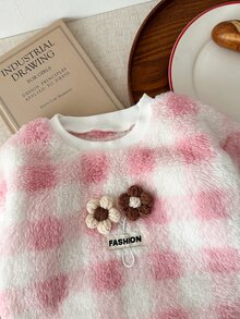 SHEIN Vintaside Kids 女嬰女童冬季羅紋圓領長袖抓絨時尚衛衣搭配百搭休閒水洗牛仔長褲套裝，適合外出、旅行、寒冷天氣購物與休閒穿著 - 淺粉色 - 查看 6