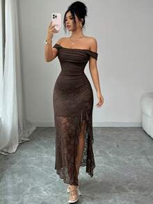 Modelyn Women's Elegant Off-Shoulder Spaghetti Strap 2-Way Wear Knit Jacquard Long Split Dress, Spring/Summer Party & Vacation - Brown - View 4