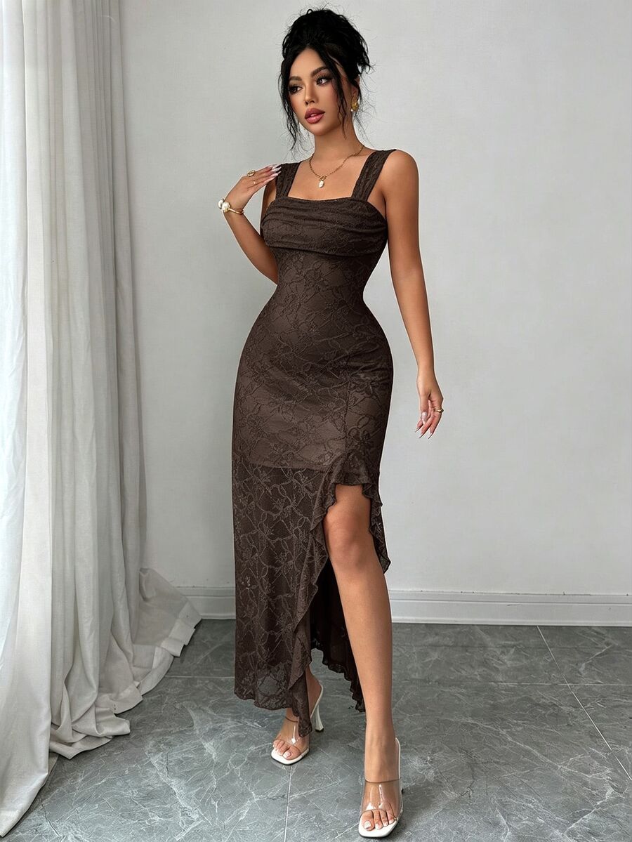 Modelyn Women's Elegant Off-Shoulder Spaghetti Strap 2-Way Wear Knit Jacquard Long Split Dress, Spring/Summer Party & Vacation - Brown - View 1