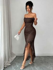 Modelyn Women's Elegant Off-Shoulder Spaghetti Strap 2-Way Wear Knit Jacquard Long Split Dress, Spring/Summer Party & Vacation - Brown - View 5