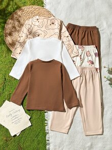 SHEIN Vintaside Kids 3件組男嬰T恤與長褲套裝，可愛棕色米色熊與刺蝟印花，長袖圓領，休閒戶外秋季聖誕節假期搭配套裝 - 咖啡棕 - 查看 2