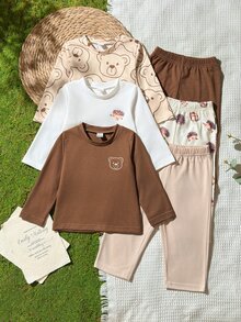 SHEIN Vintaside Kids 3件組男嬰T恤與長褲套裝，可愛棕色米色熊與刺蝟印花，長袖圓領，休閒戶外秋季聖誕節假期搭配套裝 - 咖啡棕 - 查看 3