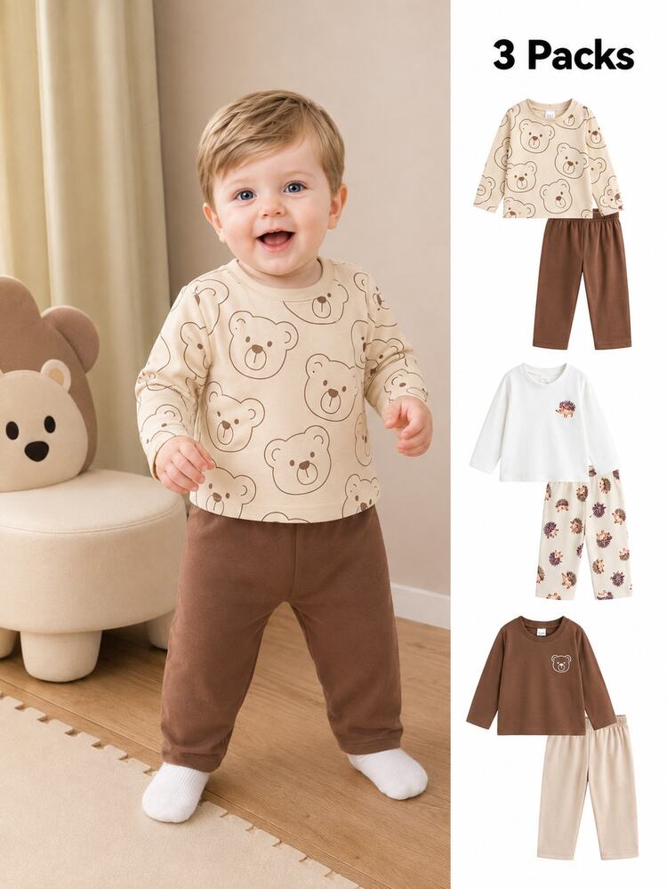 SHEIN Vintaside Kids 3 Pack Baby Boy T-Shirt And Pants Set Cute Brown Beige Bear Hedgehog Print Long Sleeve Round Neck Regular Outdoor Fall Christmas Holiday Matching Set - Coffee Brown - View 1