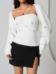 Flirla 2 件套女式毛衣套装，白色圣诞亮片雪花吊带背心和开衫，弹力针织，时尚休闲，秋冬 - 白色 - 查看 4