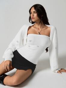 Flirla 2 件套女式毛衣套装，白色圣诞亮片雪花吊带背心和开衫，弹力针织，时尚休闲，秋冬 - 白色 - 查看 7