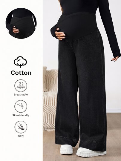 SHEIN Maternity Asymmetric Waist Wide Leg Loose Casual Denim Jeans Fall Clothes