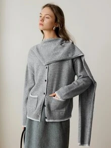 Dazy-Less Women's Autumn Grey Round Neck Button Cable Knit Long Sleeve Slim Fit Ribbed Cardigan Office Brunch Casual - Grey - View 5