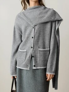Dazy-Less Women's Autumn Grey Round Neck Button Cable Knit Long Sleeve Slim Fit Ribbed Cardigan Office Brunch Casual - Grey - View 6