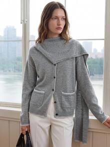 Dazy-Less Women's Autumn Grey Round Neck Button Cable Knit Long Sleeve Slim Fit Ribbed Cardigan Office Brunch Casual - Grey - View 7
