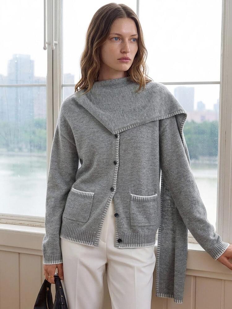 Dazy-Less Women's Autumn Grey Round Neck Button Cable Knit Long Sleeve Slim Fit Ribbed Cardigan Office Brunch Casual - Grey - View 7
