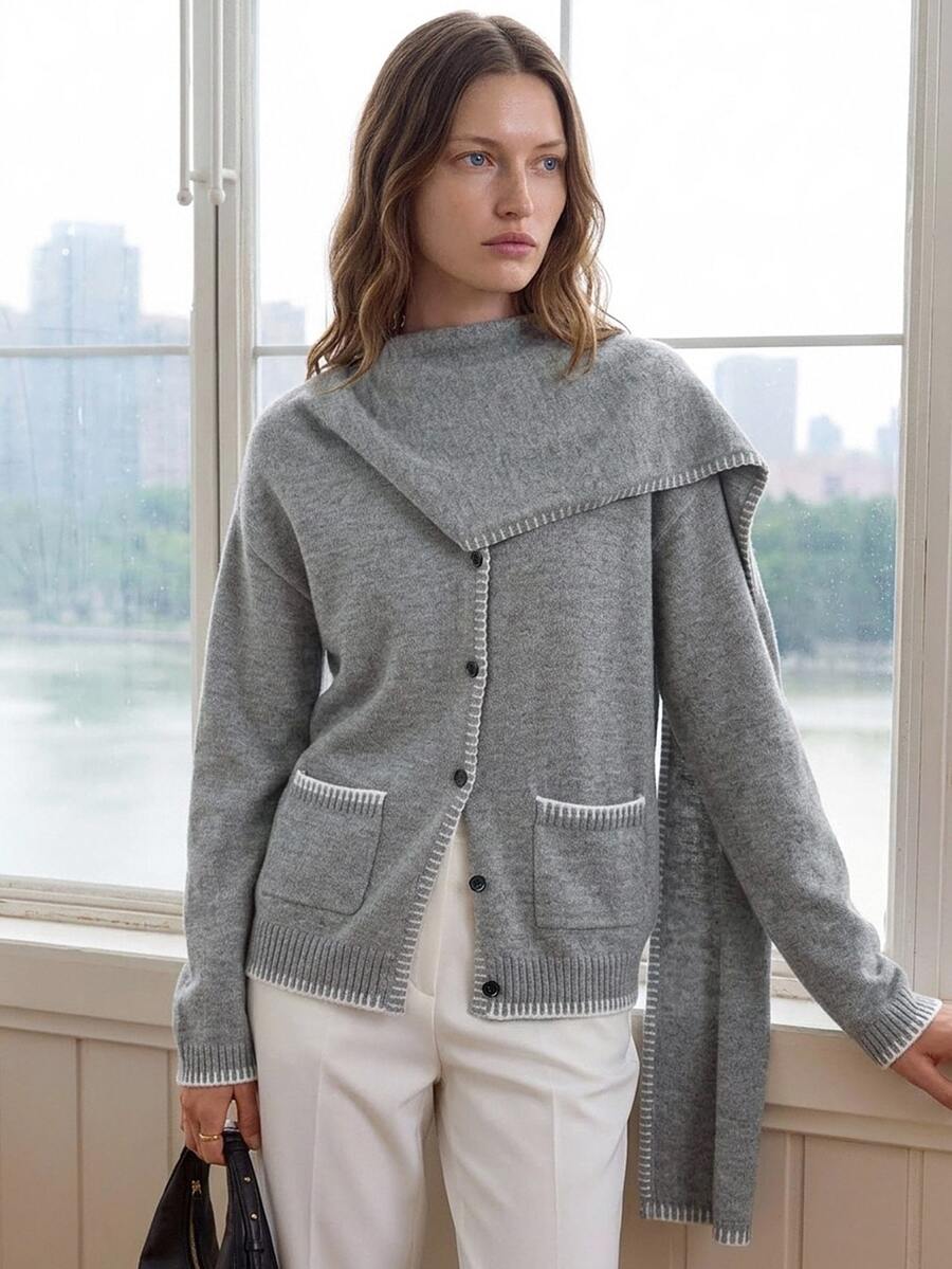 Dazy-Less Women's Autumn Gray Round Neck Button Cable Knit Long Sleeve Slim Fit Ribbed Cardigan Office Brunch Casual Elegant - Grey - View 1